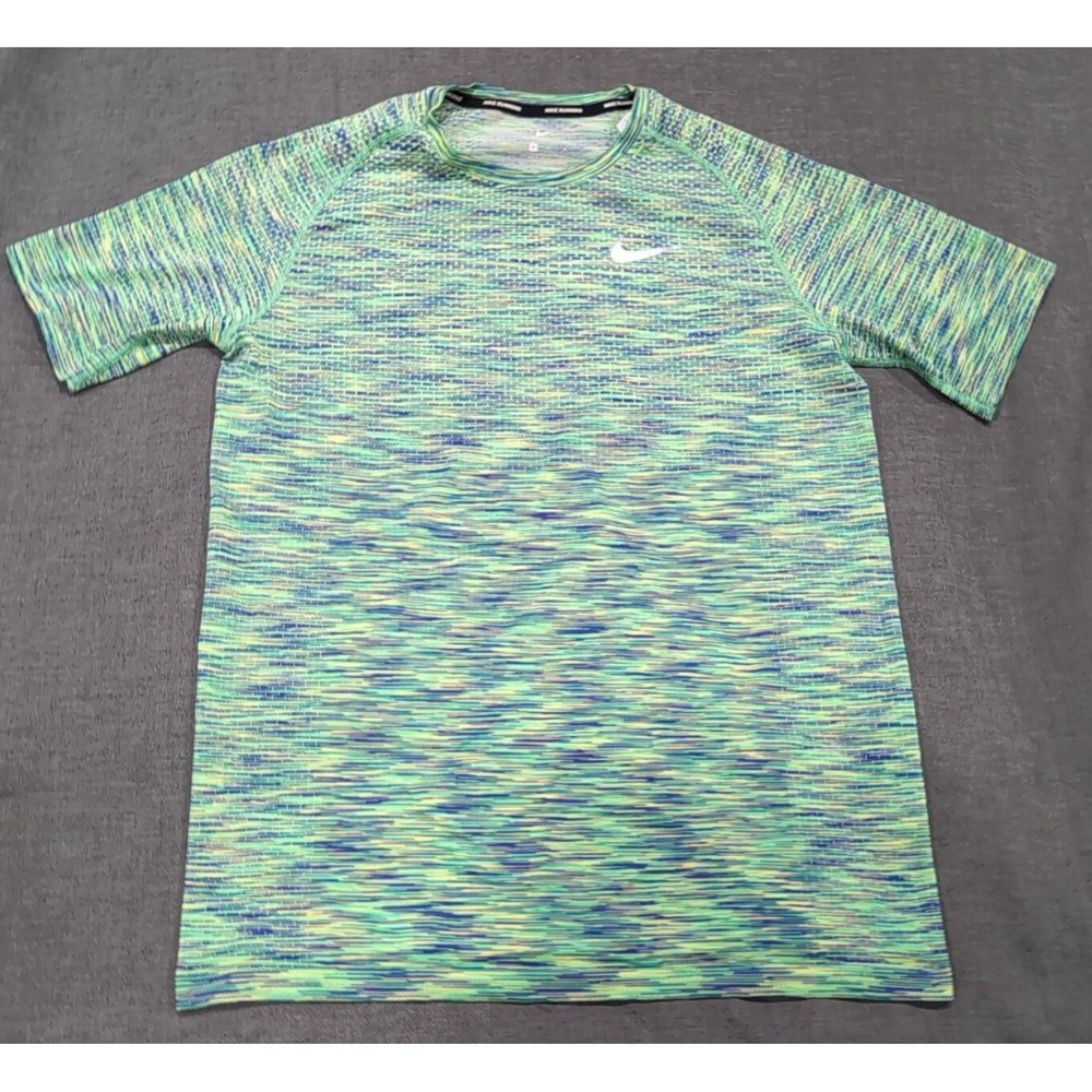 Nike Shirt Men Med Green Yellow Blue Dri Fit Miler Running Short Sleeve Active
